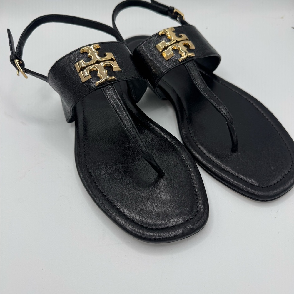 Tory Burch Black and Gold Sandals with Logo Medallion